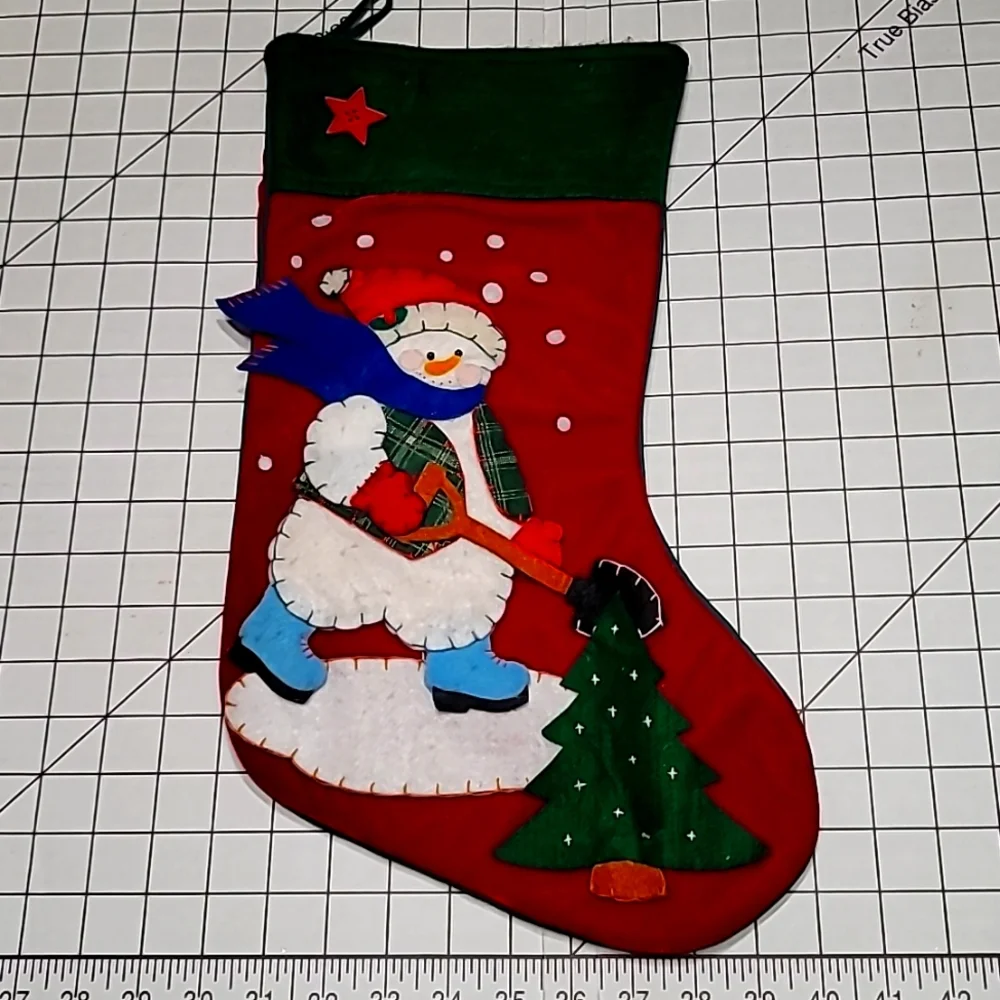 Snowman ⛄️ Shoveling Stocking, Red Velour with Felt Design Preloved‎